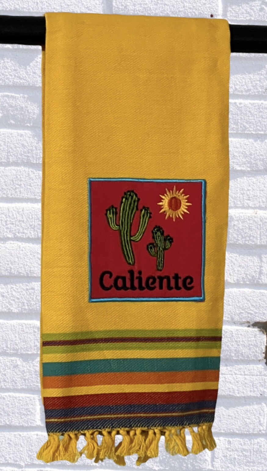 Design Imports Yellow Caliente Cactus Sun Embroidered Cotton Kitchen Towel