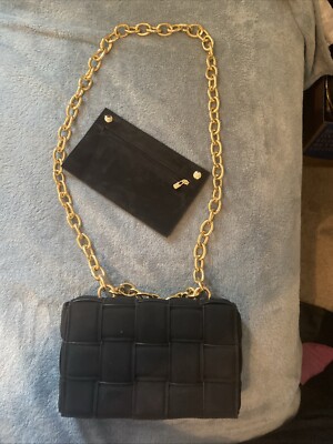 Black Basket Weave Crossbody Goldtone Chunky Link Chain