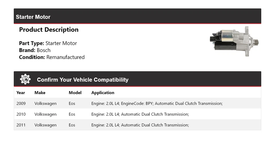 适用于 2009 - 2011 年大众 Eos 2.0L L4 博世入门(重新制造)2010 — 第 2/4 张图片