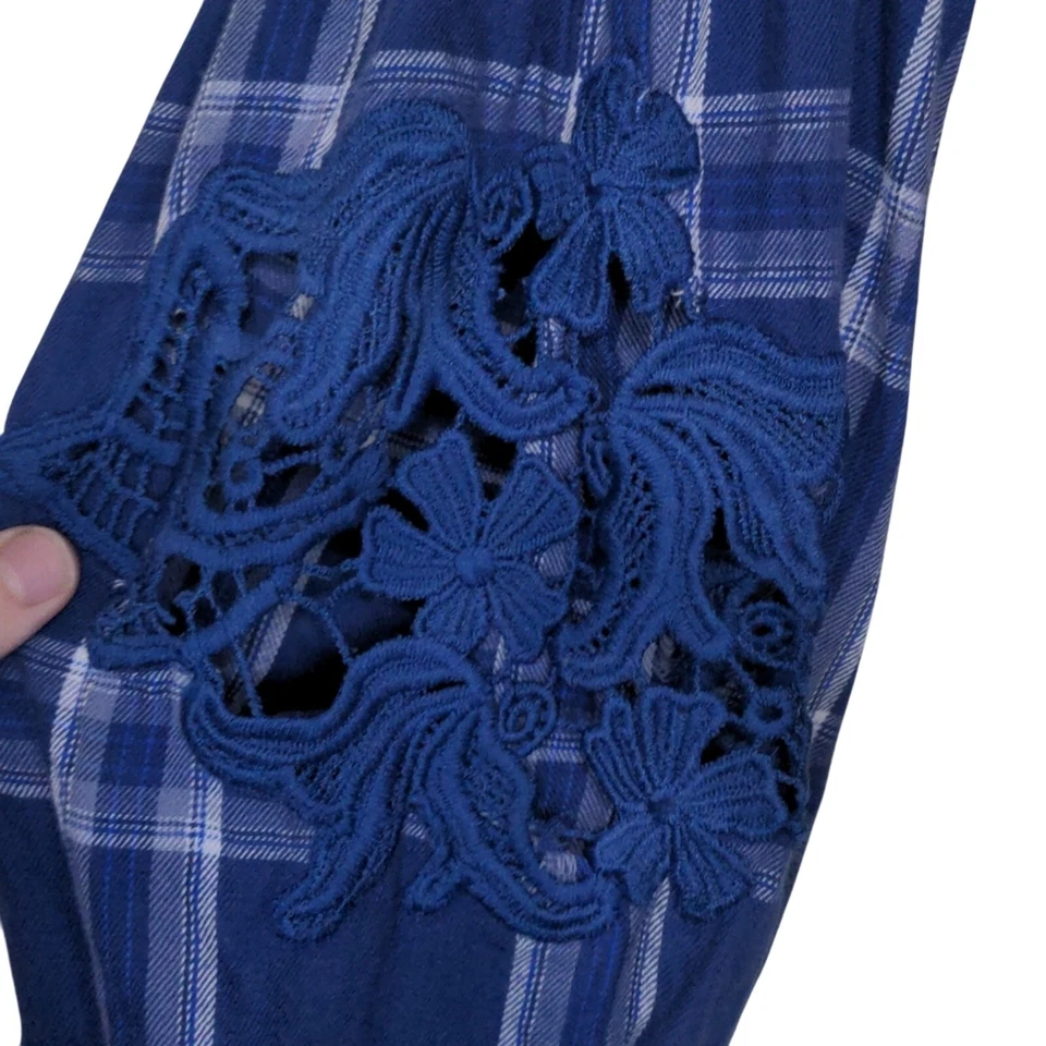 Free People Darling Diane 海军蓝格子蕾丝气球袖罩衫,尺寸 M — 第 4/4 张图片