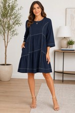 THML Navy Blue Dress Women s M NWT Contrast Stitch Tiered 3/4 Sleeve 88