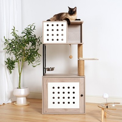 Multi-Functiona Cat Tree with Litter Box Enclosure, Modern Style Pet Furniture
