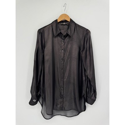 Calvin Klein Sheer Metallic Blouse Women S Black Shimmer Roll Tab Party Evening