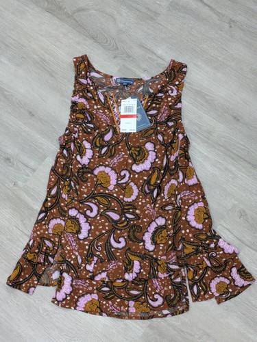 Democracy Blouse Womens XS Brown Floral Sleeveless Ruffle Hem Boho Tunic Top NWT