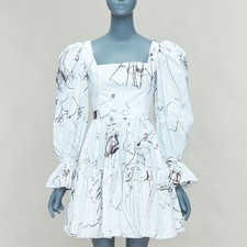 ALEXANDER MCQUEEN 2019 white black sketch print puff sleeve dress IT38 XS