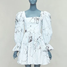 ALEXANDER MCQUEEN 2019 white black sketch print puff sleeve dress IT38 XS