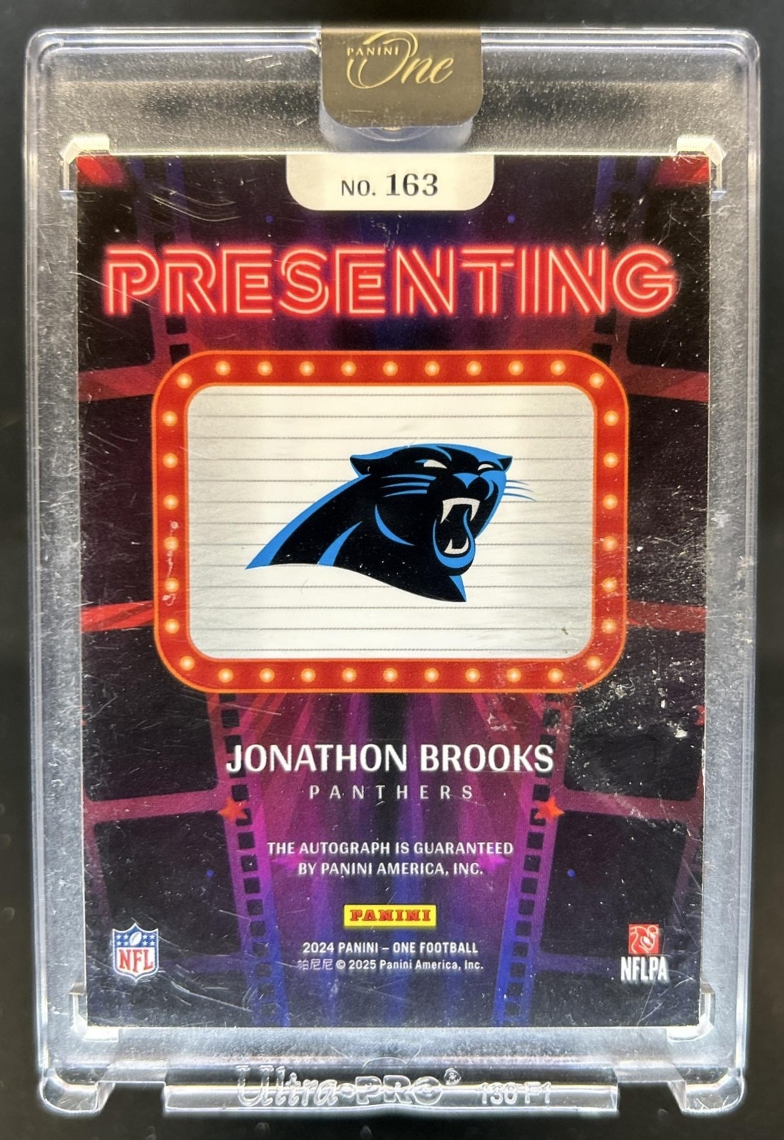 2024 Panini One Jonathon Brooks Presenting RC Rookie Auto #/99 Panthers view 2