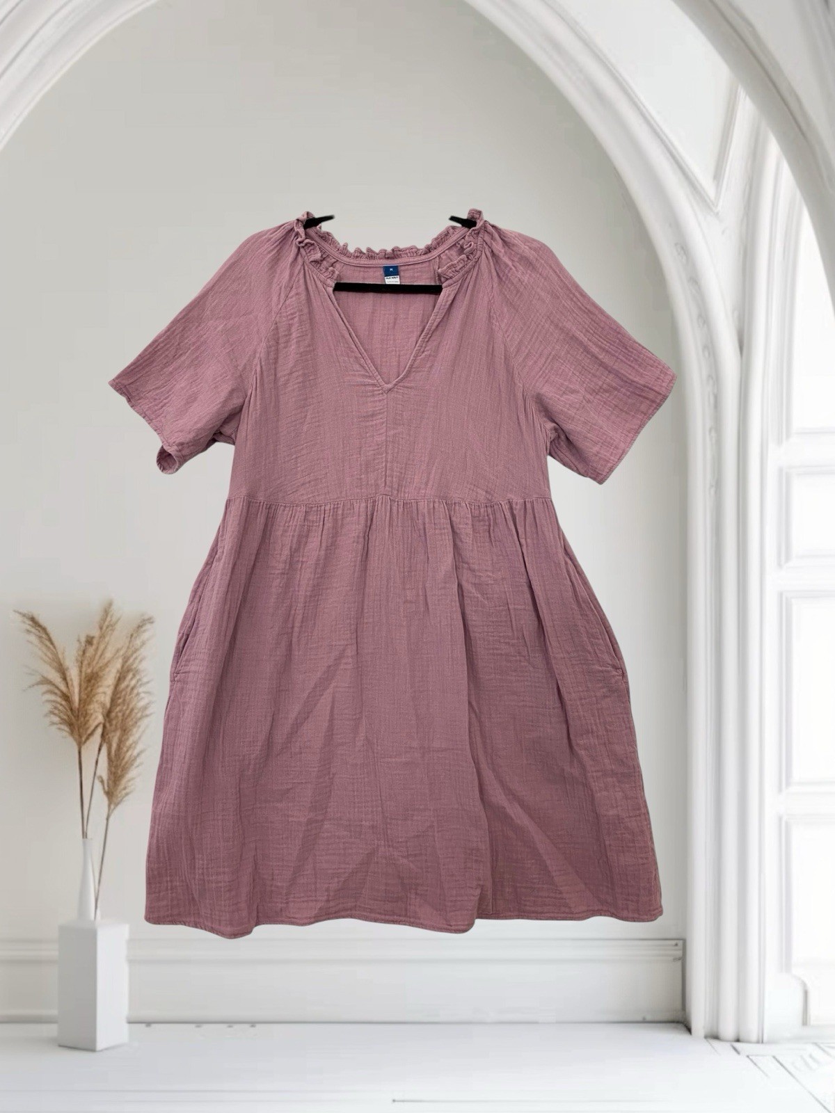 Old Navy Womens Short Sleeve V Neck Swing Dress Size Medium Pink Gauzy Boho Chic