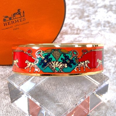 Vintage Hermes Enamel Bangle Bracelet Red Enamel Leopard Gold Rim
