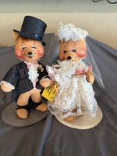 Bride  Groom Teddy Bear Figurines Fabric Set of 2 Hand Painted Wedding 1990s