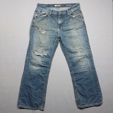 BKE Tyler Mens Distressed Straight Leg Jeans Blue Denim 34S Thick Stitching