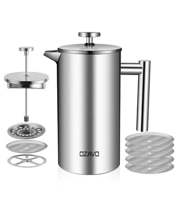 OZAVO 1L Kaffeebereiter French Press Pressstempelkanne Doppelwandig Edelstahl