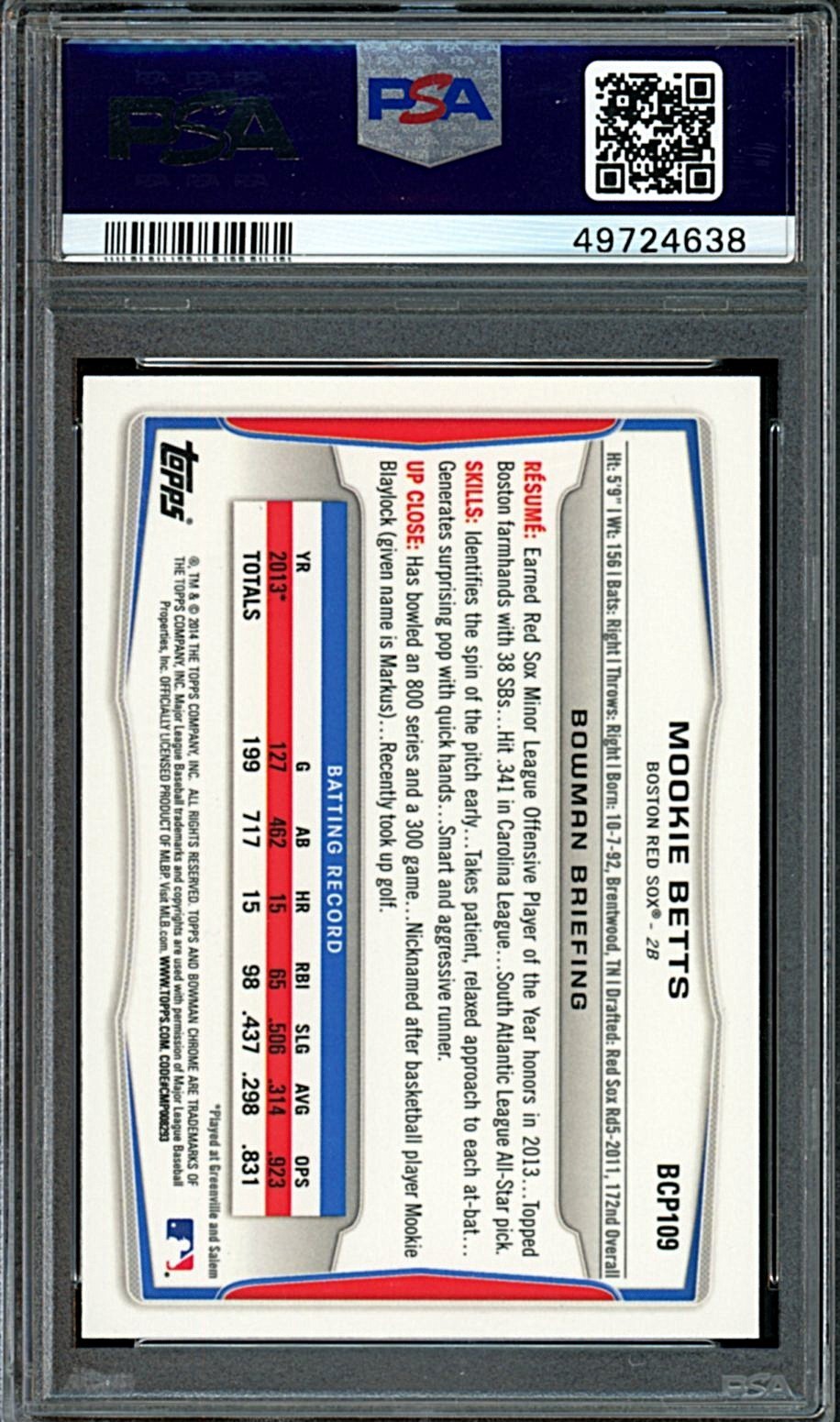 2014 Bowman Chrome Mookie Betts Rookie PSA 10 view 2
