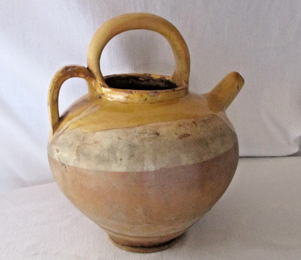 ANCIEN CRUCHE A EAU GARGOULETTE, CHEVRETTE TERRE CUITE VERNISSÉ-POTERIE DECO XIX - Photo 3/4