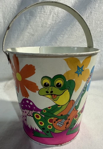 Vintage OHIO ART Tin Litho Sand Pail Bucket w Musical Frogs Flowers & Mushrooms