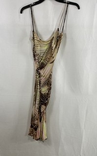 Roberto Cavalli Women's Yellow Brown Tropical Print Ruched Side Dress Sz XS