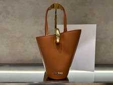 Women's Brown Leather Mini Bucket Tote Bag, Gold Ring Accent Shoulder Handbag