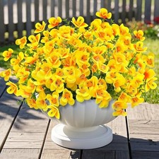 10pc Artificial Pansy Flowers for Outdoors,Silk Fake Flowers Yellow 10 Bundles