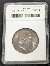 1954 S Franklin Silver Half Dollar ~ Soapbox ANACS MS66 ~ Toning 50c