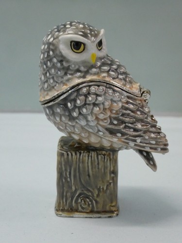 Hidden Treasures Arora Owl On Post Enamel & Crystal Trinket Box No Necklace