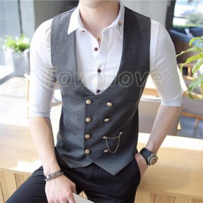 Men's Double Breasted Vest Sleeveless Suit Vest Black Men's