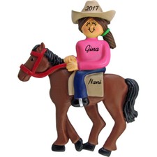 Personalized Christmas Ornament - Brunette Female Riding Horseback