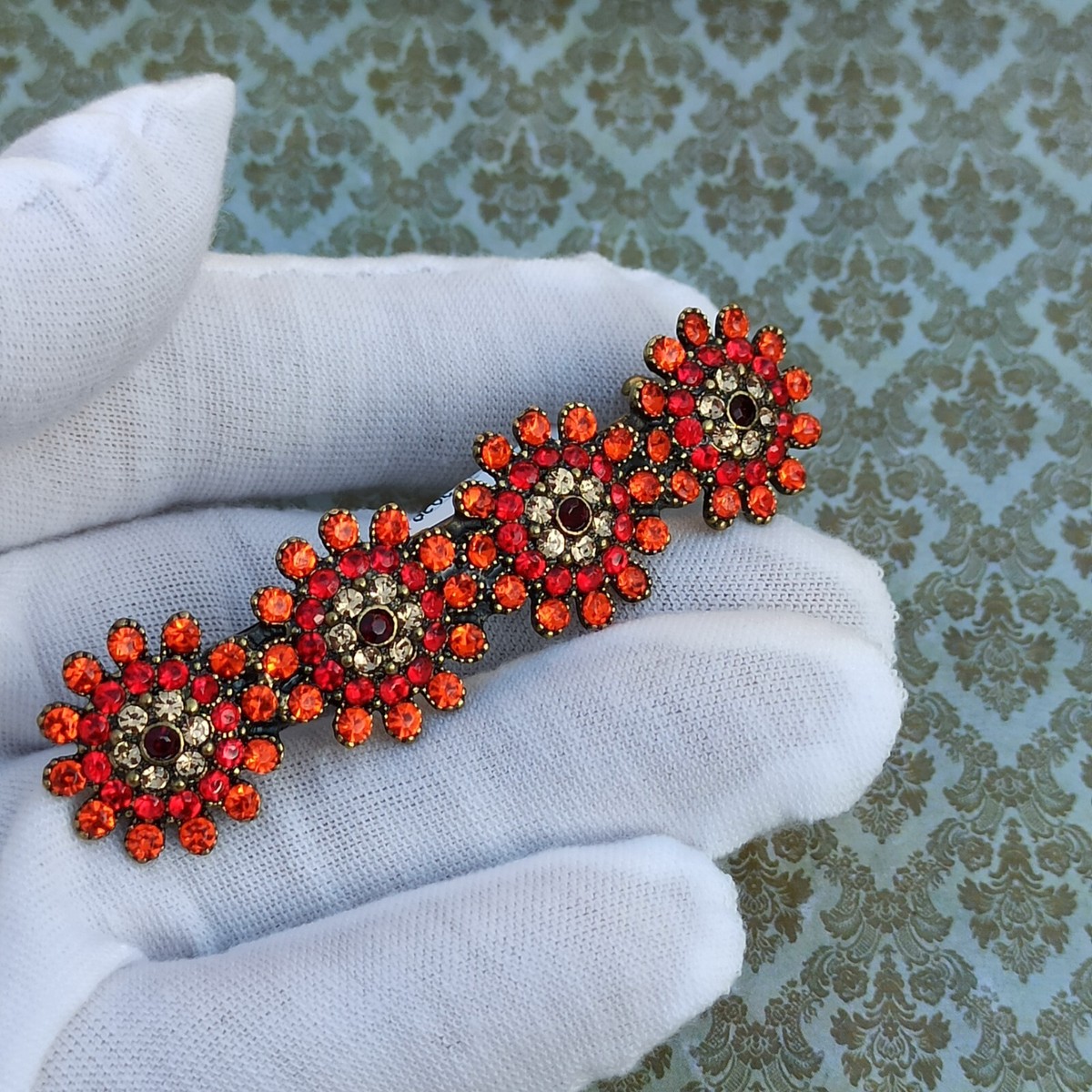 Michal Negrin Hair Clip Red Orange Royal Art deco & Swarovski