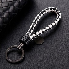 1x Car Keychain Leather Rope Strap Weave Keyring Key Ring Chain Key Black&White 