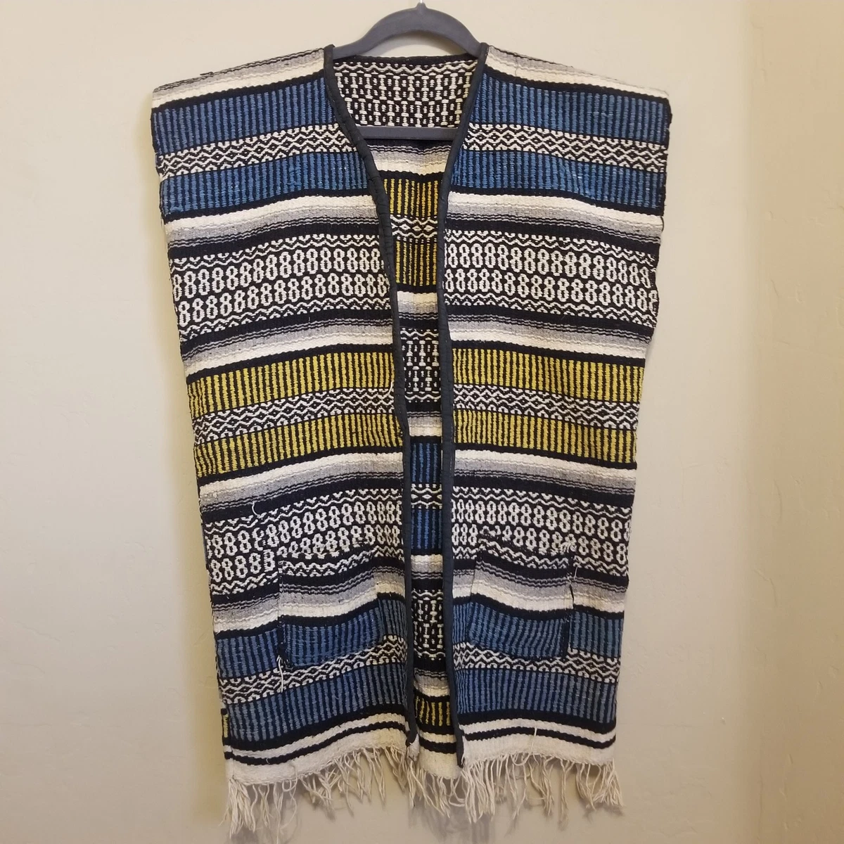 Vintage Mexican Rug Vest Poncho Cardigan Fringe Aztec Southwest