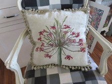 Aubusson style Victorian floral on Cream Needlepoint w Taupe Fringe Pillow