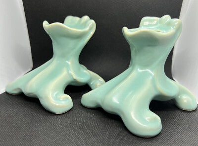 VTG Weller Art Pottery Delsa Candleholders Green Claw Abstract Deco Grannycore
