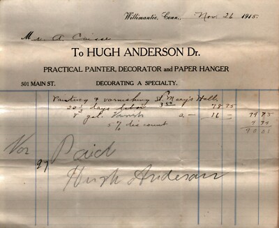 1915  Willimantic  Connecticut  Painter & Paper Hanger  Receipt  8'' x 7''