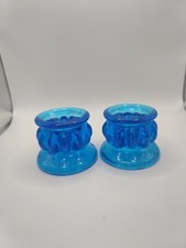 Pair of MCM Blue Glass Votive or Tea Light Or Candle Stick Holders GLOWS