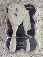 NOS Vtg Sanitoy Childs Hairbrush Comb Set White Blue pink Flowers Orig Case