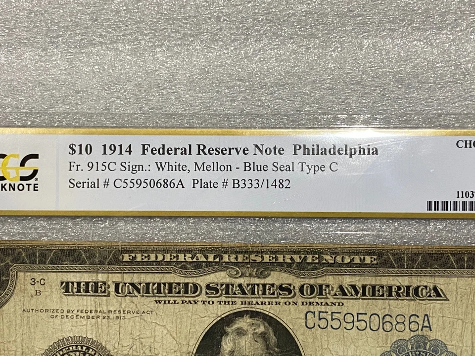 1914 Fr. 915C $10 Blue Seal Federal Reserve Note Philadelphia PCGS 15 - Image 3 of 4
