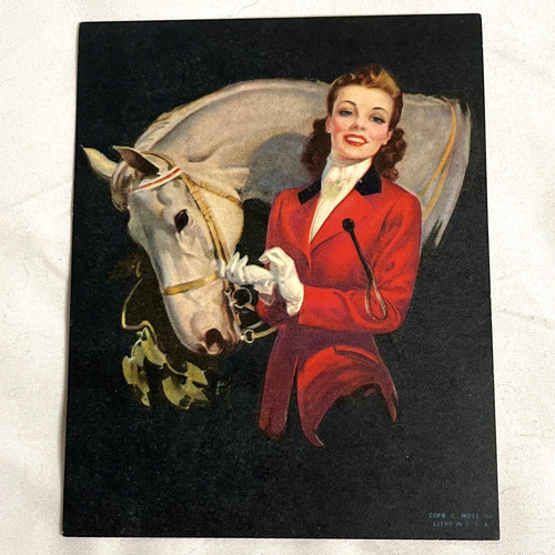 Girl With Horse Lithograph Small Picture Print C Moss Vintage 1941  4x5”