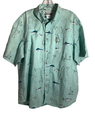 Columbia ButtonDown Collar Shirt XL Short Sleeve Fish Lighthouse Coral Reef Teal