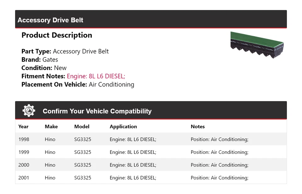 Correa de transmisión diésel Hino SG3325 1998-2001 8L L6 puertas de aire acondicionado 1999 Foto 2 de 4