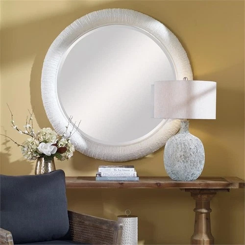 Uttermost Mariner Round Natural Woven Banana and Rattan Mirror in White - Picture 1 of 8