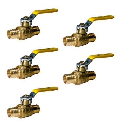 5 Pack XFITTING 1'' Pex B Ball Valve, Lead Free Brass, Full Port, Barb Crimp