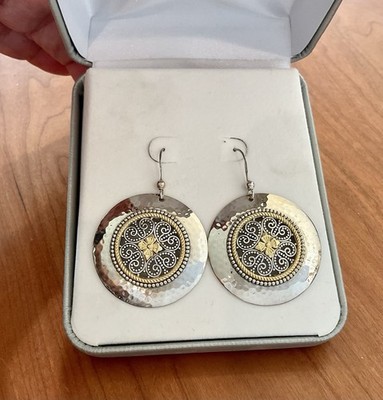 MILO ARTUNE 925 14KT YG ACCENT DISC BALI STYLE HAMMERD FILIGREE PIERCED EARRINGS