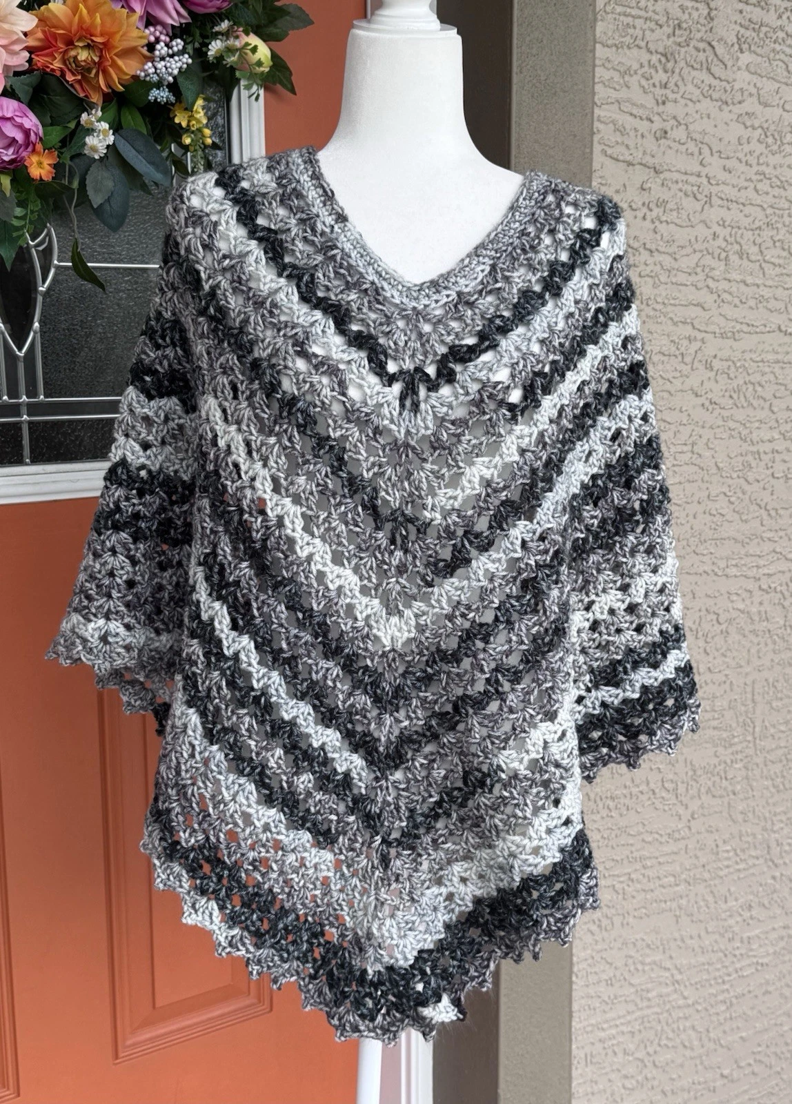 Handmade Crochet Poncho Black Gray White Stripes Knit Wrap Boho Machine Washable