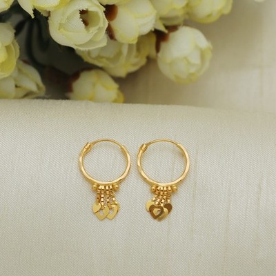 18kt Yellow Gold Hoop Bali Earrings Solid Fine Heart Drop 18k Handmade
