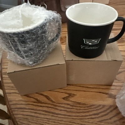 Lot of 2 New Cadillac Black Ceramic Coffee Mug with B/W Icon Logo White Interior