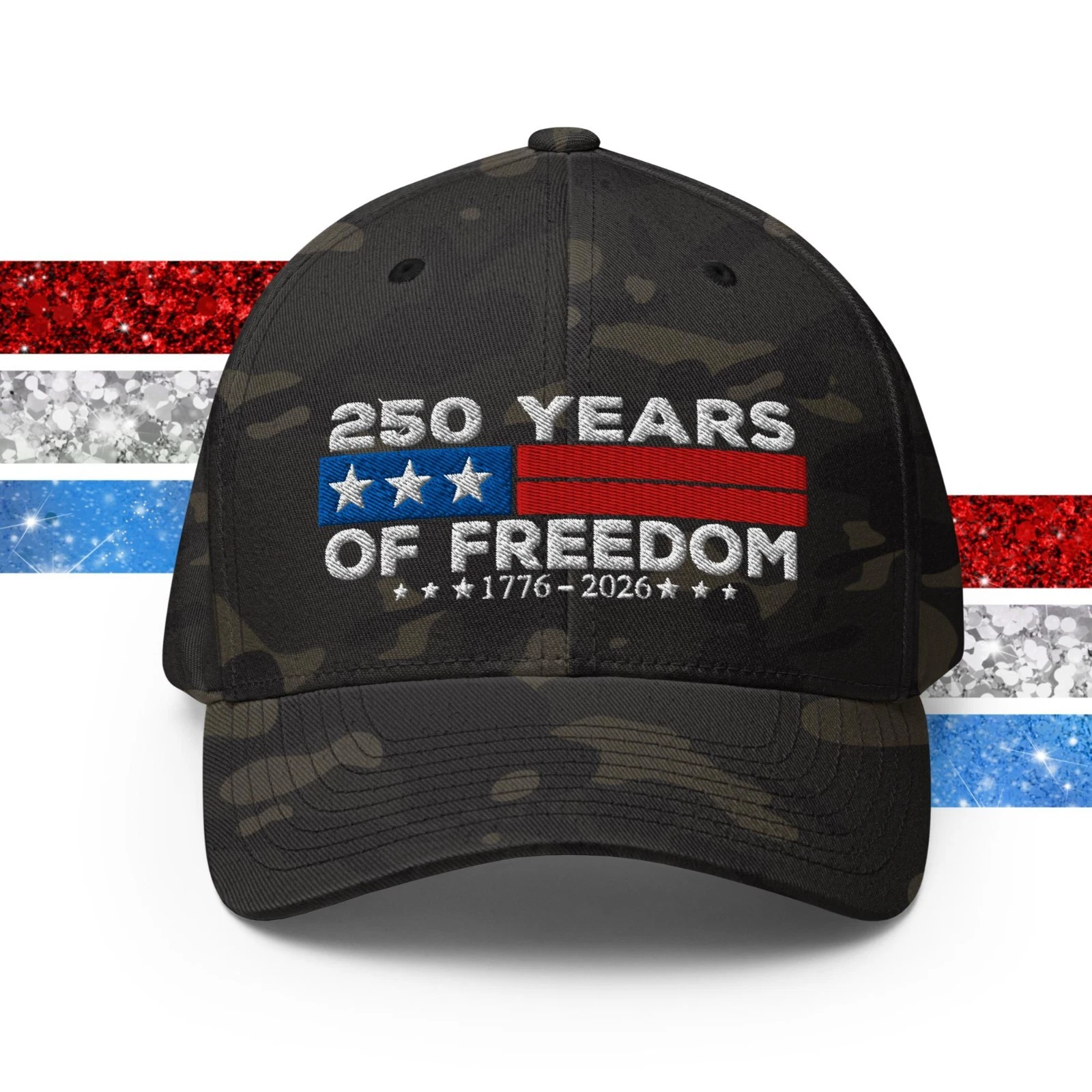 250 Years Of Freedom Flexfit Hat: 1776 2026 Patriotic USA Fitted Cap
