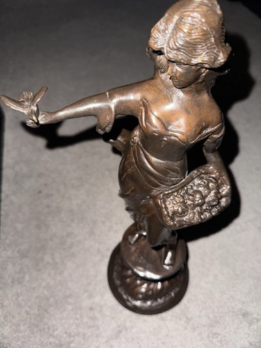 18” Antique French ART DECO Bronze Statue Woman Holding Bird & Basket 18”inches