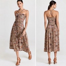 NWT Ulla Johnson Marcella ruched cotton-jersey midi dress Wheat Flower Sz 2 $590