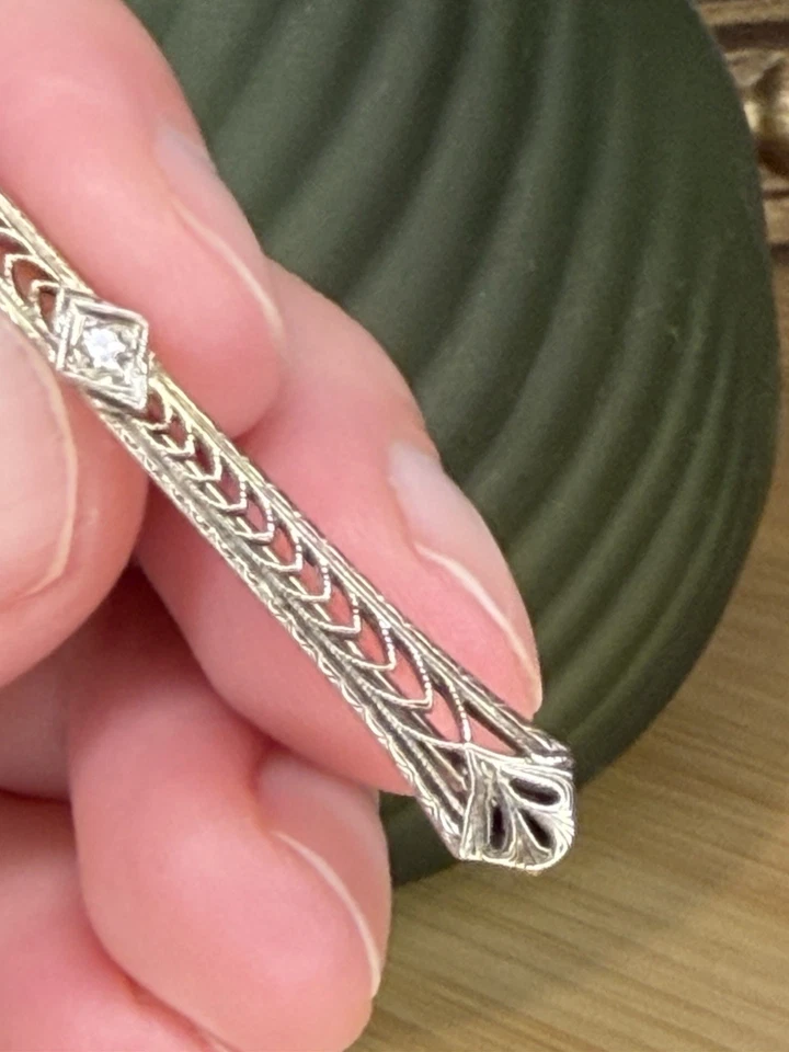 Antique Diamond Art Deco Era Filagree Bar Pin Brooch In 10K White Gold - Image 3 of 4