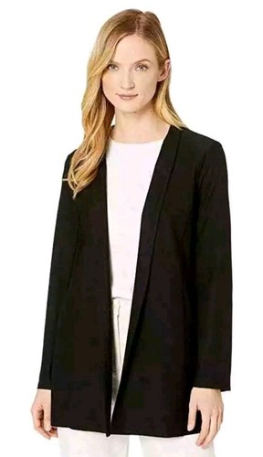 Eileen Fisher Washable Stretch Crepe Long Jacket Open Shawl Cardigan Sz M Black - Picture 1 of 9