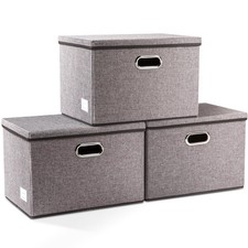 Large Collapsible Storage Bins with Lids 3-Pack Linen/Cotton Blend Foldable...